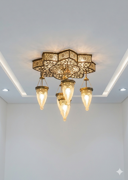 Moroccan Brass Ceiling Light – Luxury Islamic Lantern Chandelier with 5 Hanging Lamps