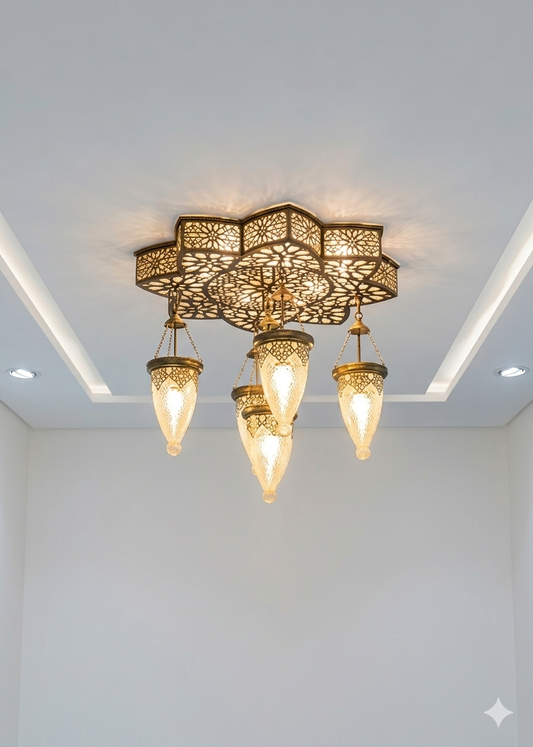 Moroccan Brass Ceiling Light – Luxury Islamic Lantern Chandelier with 5 Hanging Lamps