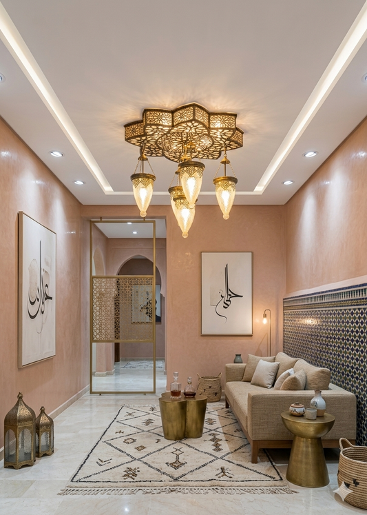 Moroccan Brass Ceiling Light – Luxury Islamic Lantern Chandelier with 5 Hanging Lamps