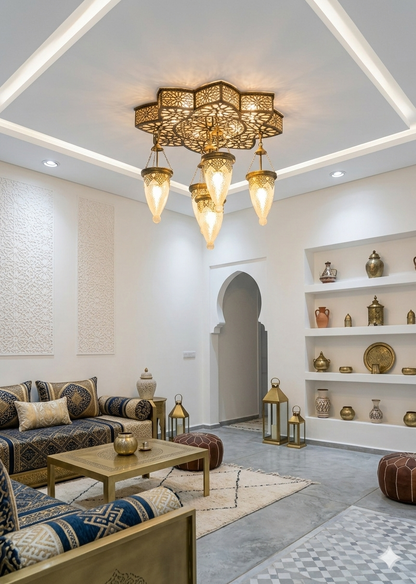 Moroccan Brass Ceiling Light – Luxury Islamic Lantern Chandelier with 5 Hanging Lamps