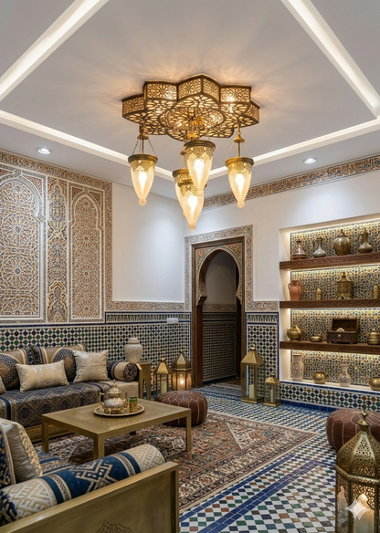 Moroccan Brass Ceiling Light – Luxury Islamic Lantern Chandelier with 5 Hanging Lamps