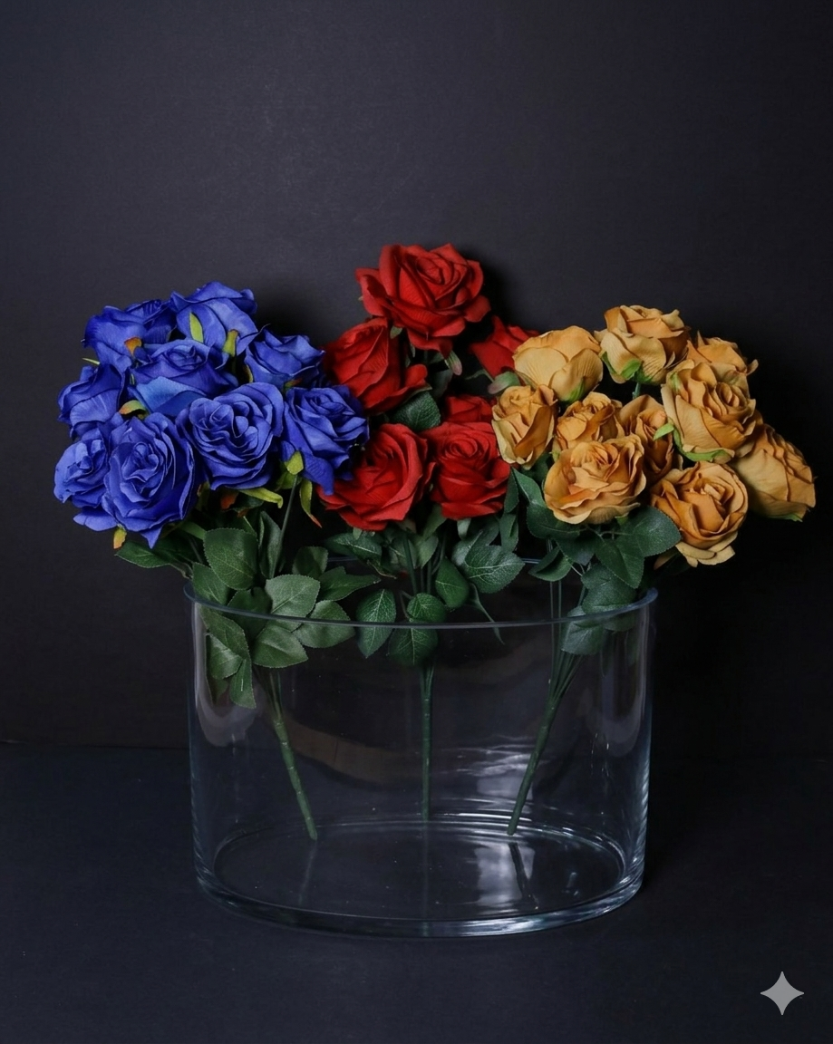 Artificial Rose Flower Set – Decorative Faux Roses in Blue, Red & Golden Yellow for Home Décor
