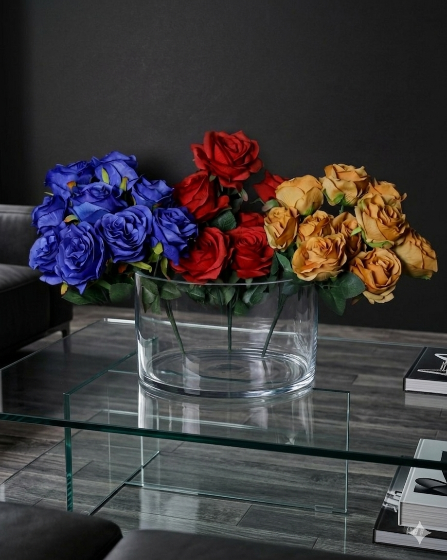 Artificial Rose Flower Set – Decorative Faux Roses in Blue, Red & Golden Yellow for Home Décor