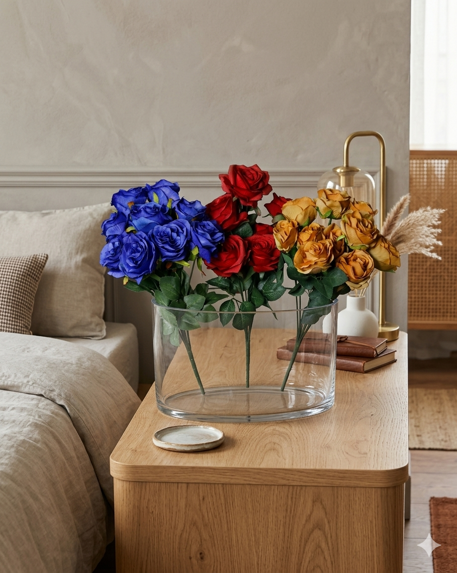 Artificial Rose Flower Set – Decorative Faux Roses in Blue, Red & Golden Yellow for Home Décor