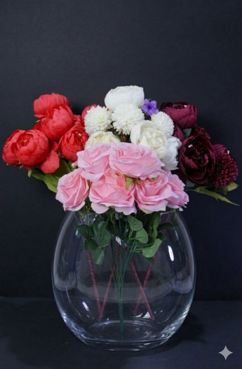 Artificial Rose & Peony Flower Bouquet – Decorative Faux Flowers (Pink, White, Red & Burgundy)