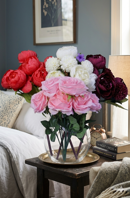 Artificial Rose & Peony Flower Bouquet – Decorative Faux Flowers (Pink, White, Red & Burgundy)