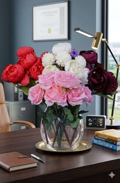 Artificial Rose & Peony Flower Bouquet – Decorative Faux Flowers (Pink, White, Red & Burgundy)
