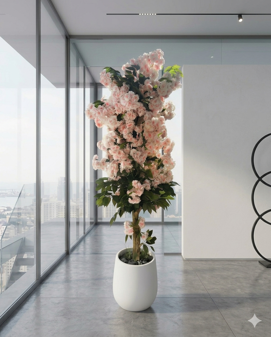 Artificial Cherry Blossom Tree in Modern White Planter – Lifelike Faux Sakura for Indoor Home & Office Décor, Wedding Events