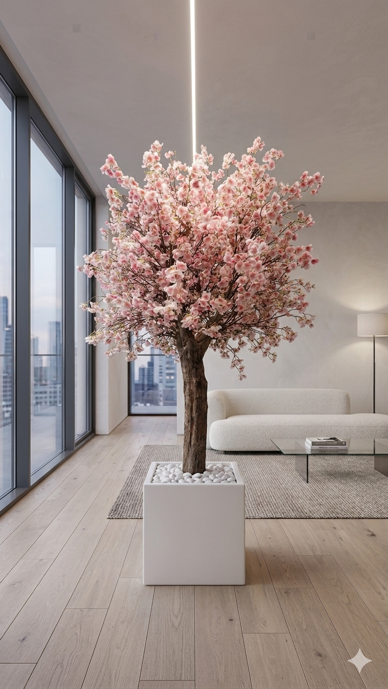 Deluxe Artificial Cherry Blossom Tree – Large Pink Silk Blooms with Modern Square Planter