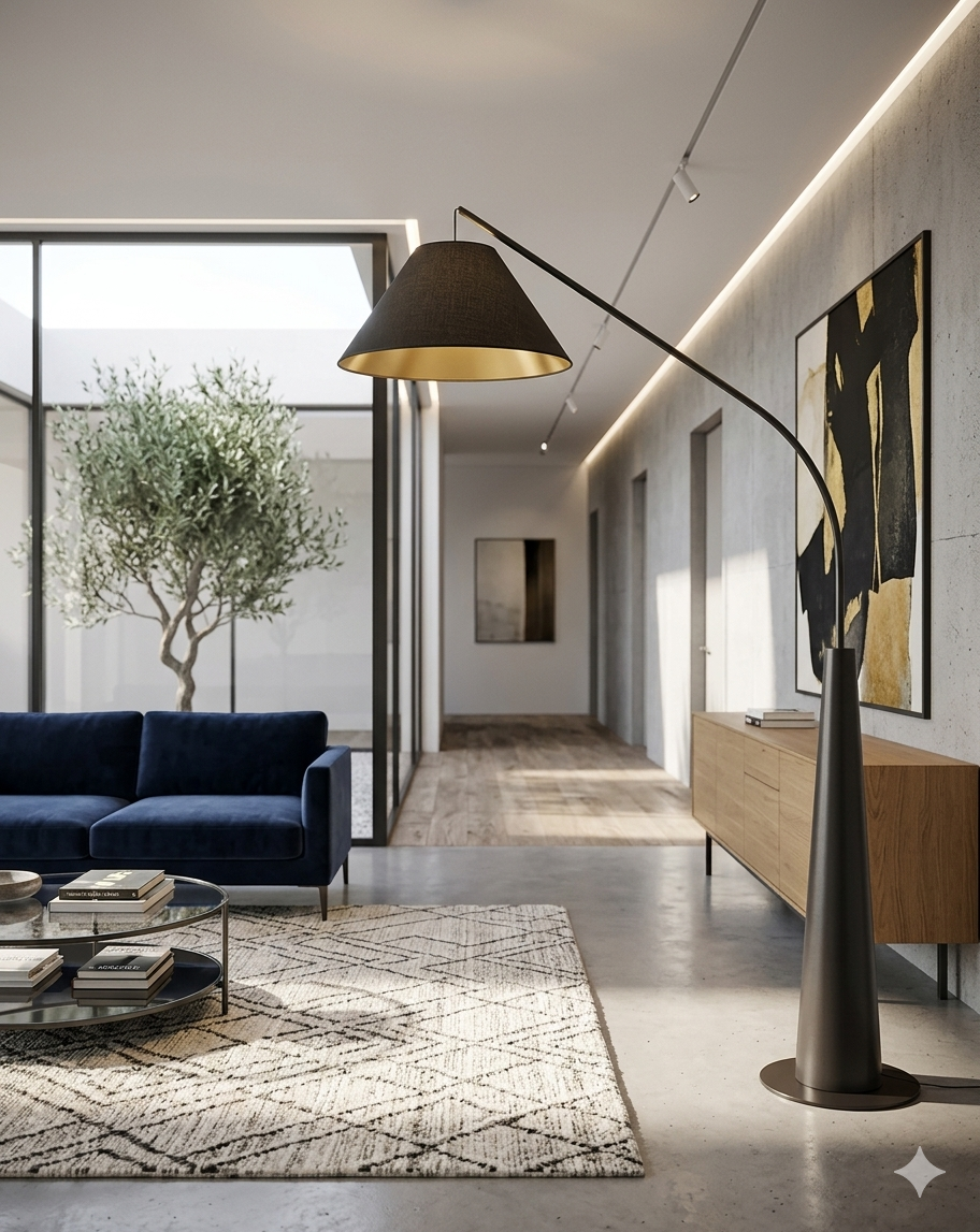 Modern Black Arc Floor Lamp with Gold Inner Shade – Elegant Standing Lamp for Living Room & Bedroom
