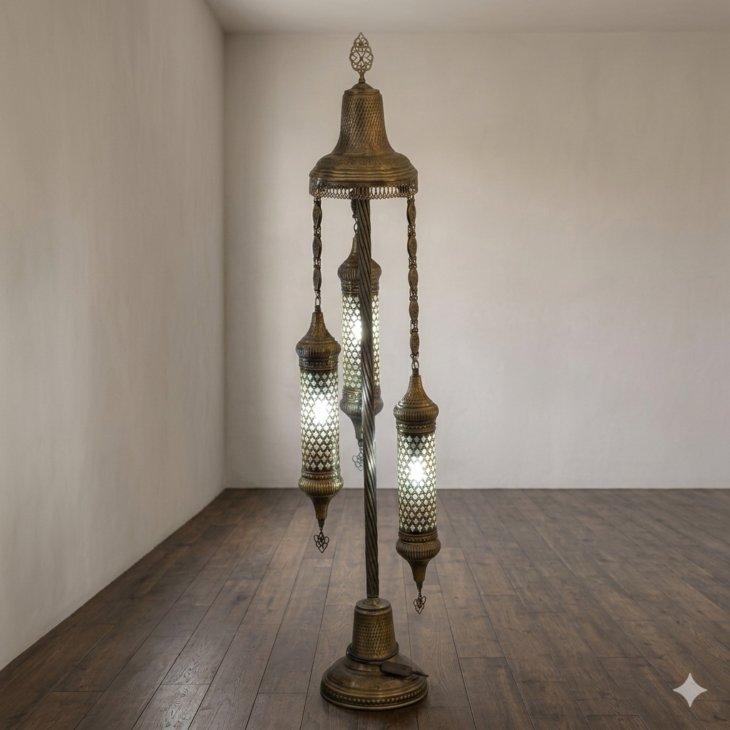 3-Light Turkish Mosaic Floor Lamp in Antique Brass with Cylinder Shades