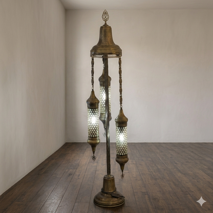 3-Light Turkish Mosaic Floor Lamp in Antique Brass with Cylinder Shades
