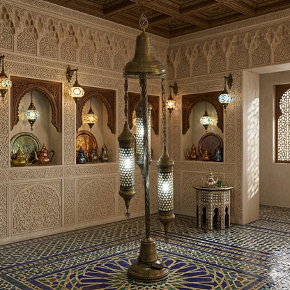 3-Light Turkish Mosaic Floor Lamp in Antique Brass with Cylinder Shades