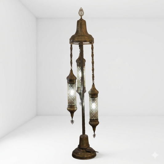 3-Light Turkish Mosaic Floor Lamp in Antique Brass with Cylinder Shades