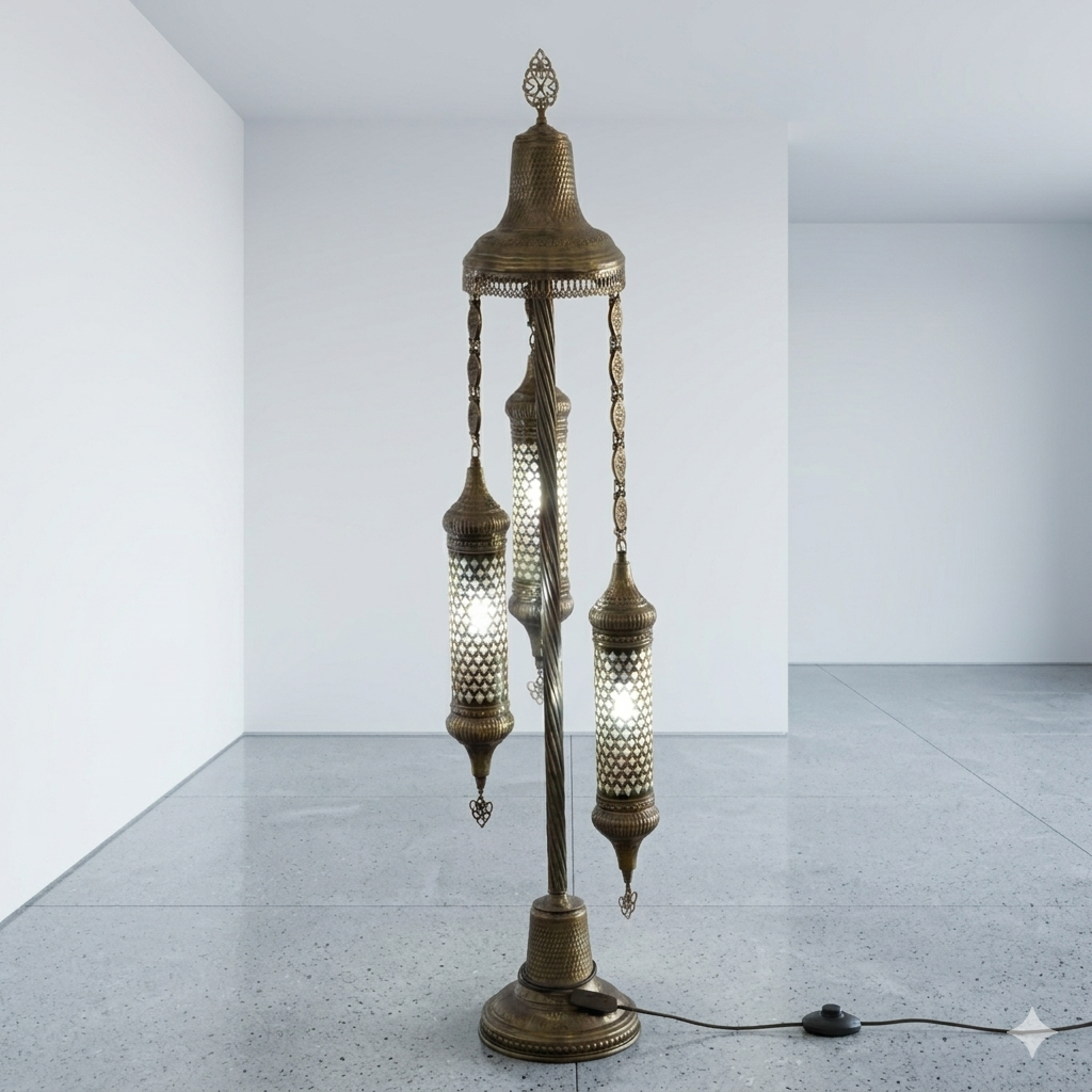 3-Light Turkish Mosaic Floor Lamp in Antique Brass with Cylinder Shades
