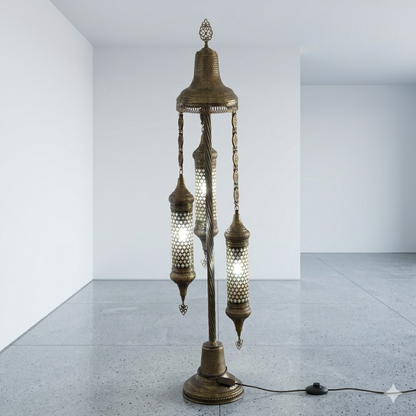 3-Light Turkish Mosaic Floor Lamp in Antique Brass with Cylinder Shades