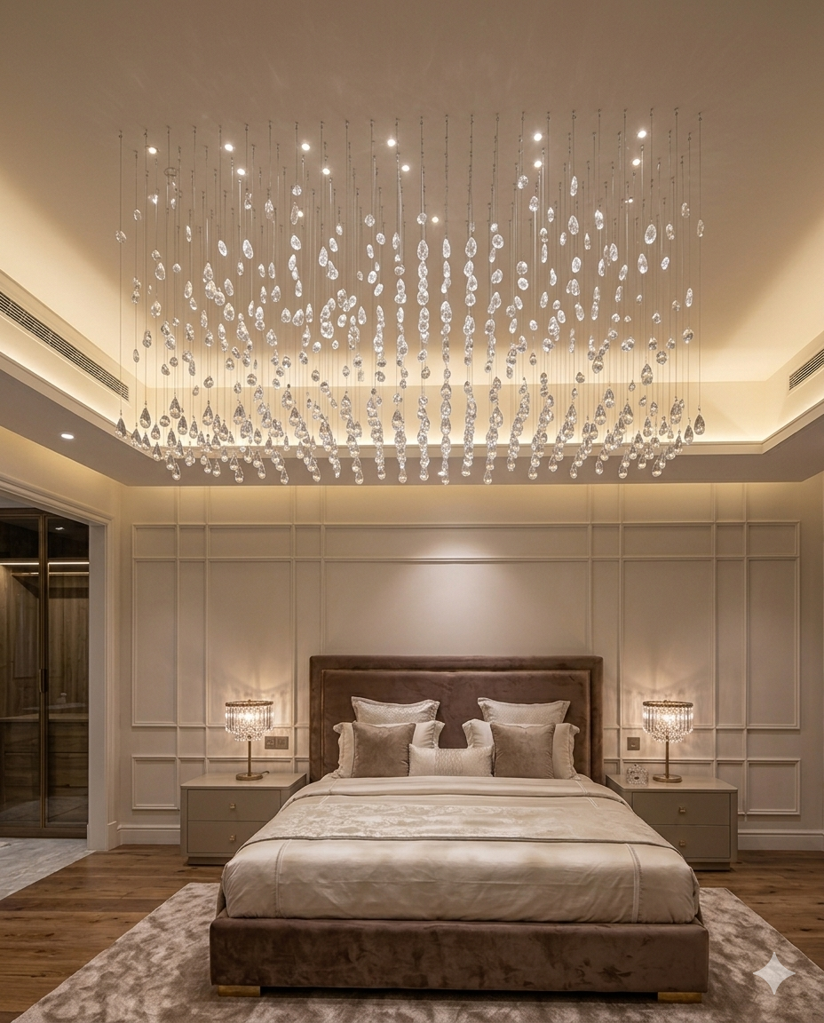 Custom White Crystal Drop Chandelier – Modern LED Ceiling Light for Gypsum Board