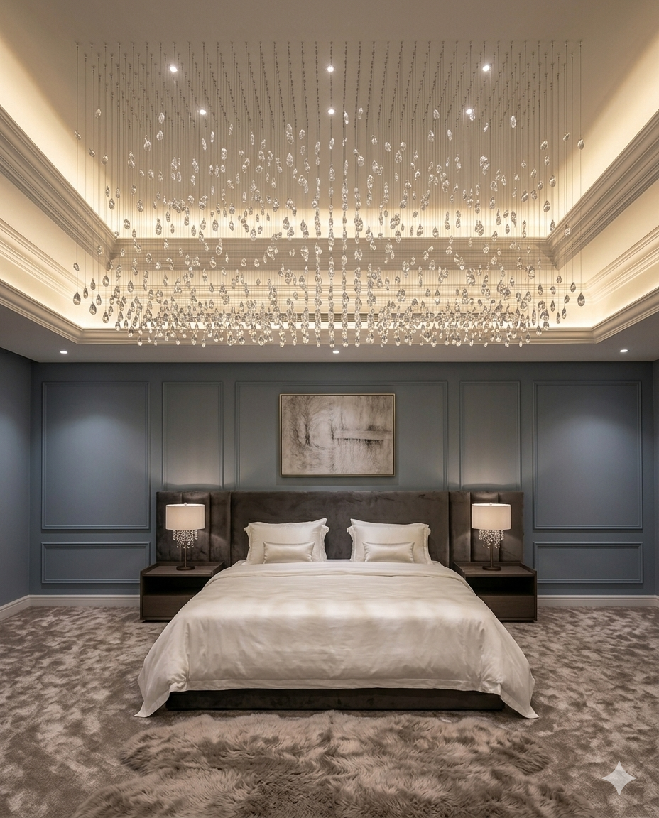 Custom White Crystal Drop Chandelier – Modern LED Ceiling Light for Gypsum Board