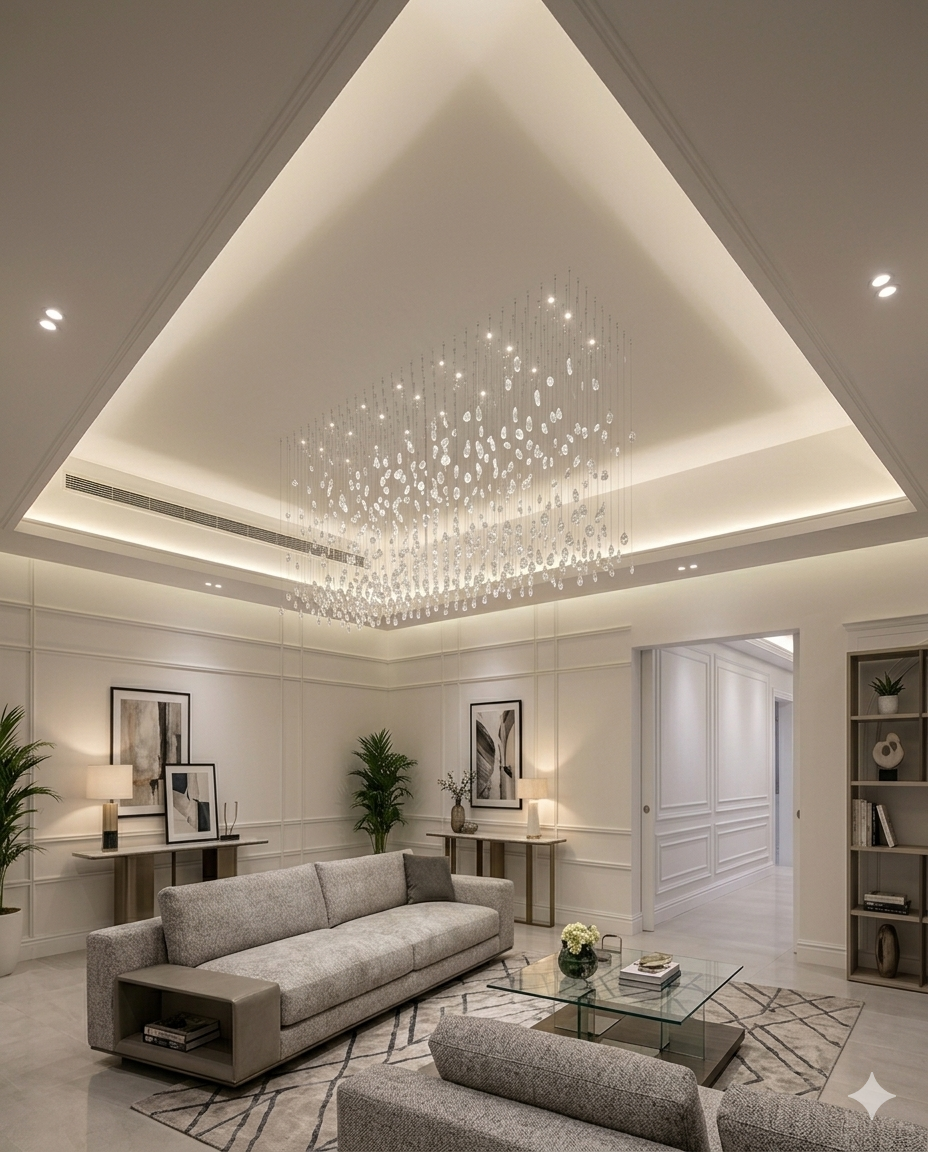 Custom White Crystal Drop Chandelier – Modern LED Ceiling Light for Gypsum Board