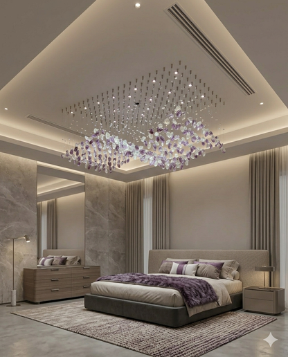 Custom Modern Purple & White Crystal Stone wavy Chandelier LED Hanging Ceiling Light – Rectangular Luxury Drop Light