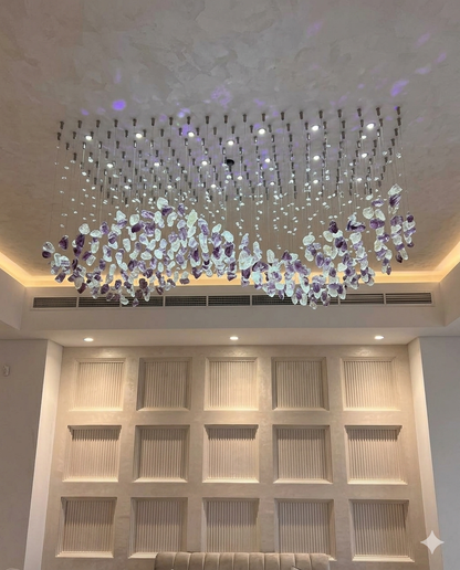 Custom Modern Purple & White Crystal Stone wavy Chandelier LED Hanging Ceiling Light – Rectangular Luxury Drop Light