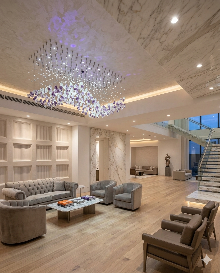 Custom Modern Purple & White Crystal Stone wavy Chandelier LED Hanging Ceiling Light – Rectangular Luxury Drop Light