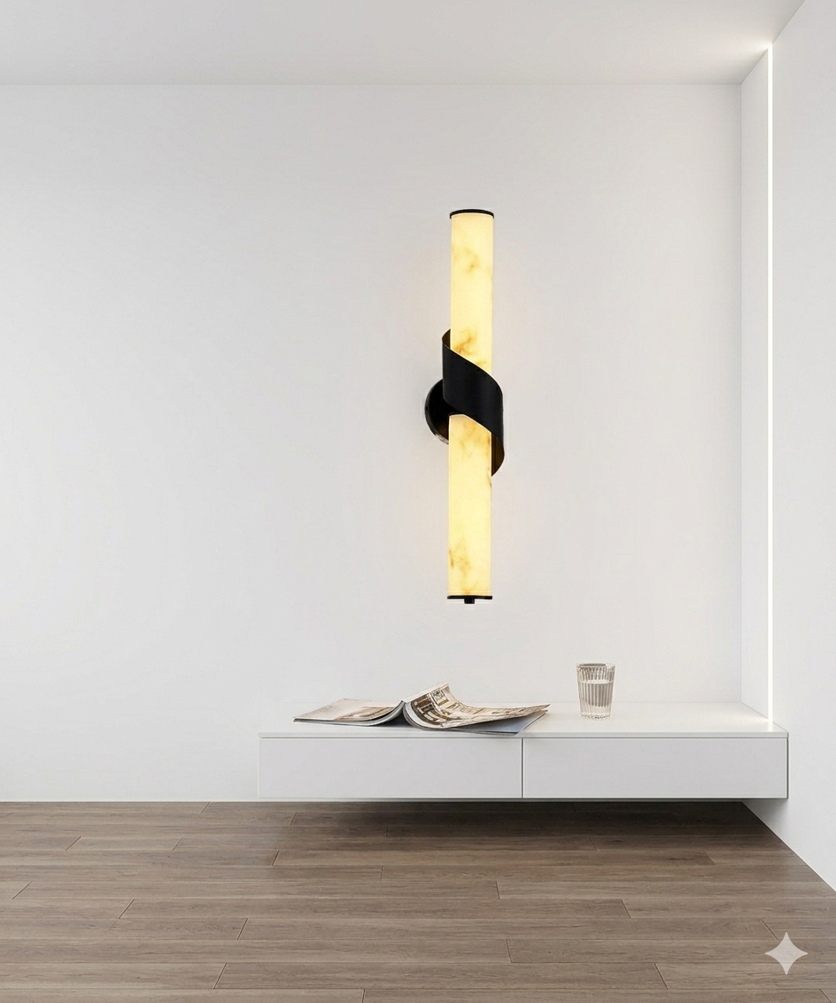 Modern 50cm Fiber Marble Sconce with Matte Black Spiral Base