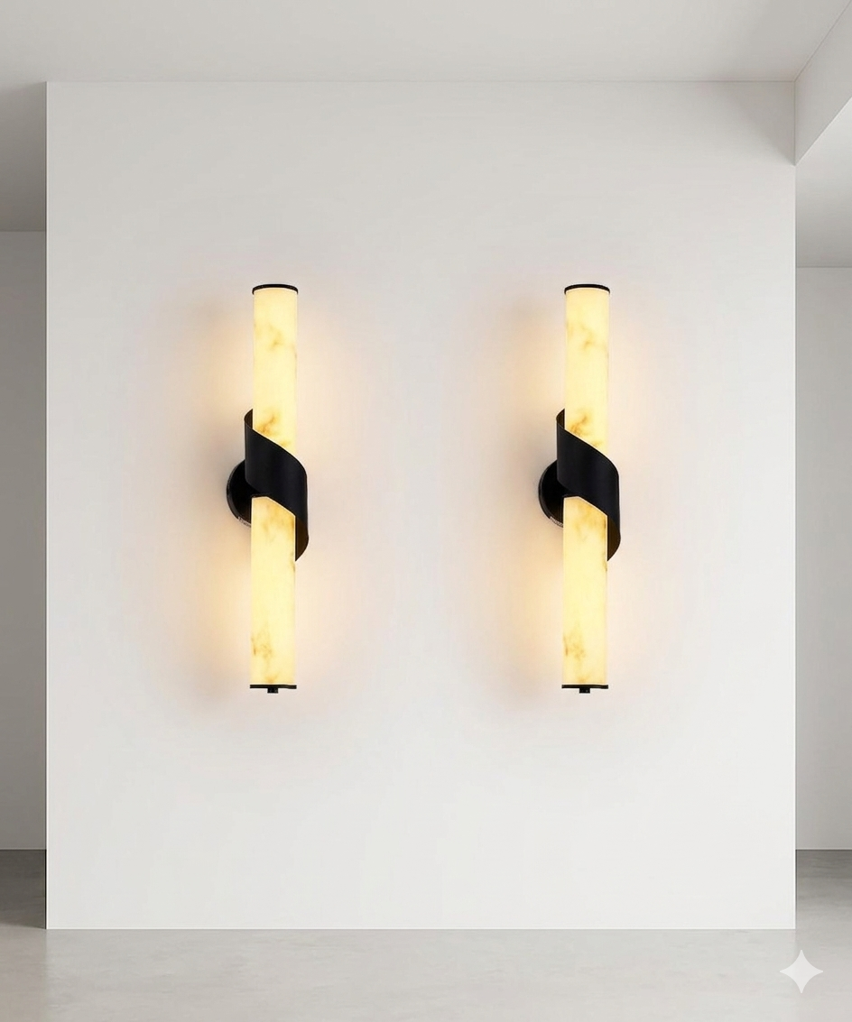 Modern 50cm Fiber Marble Sconce with Matte Black Spiral Base