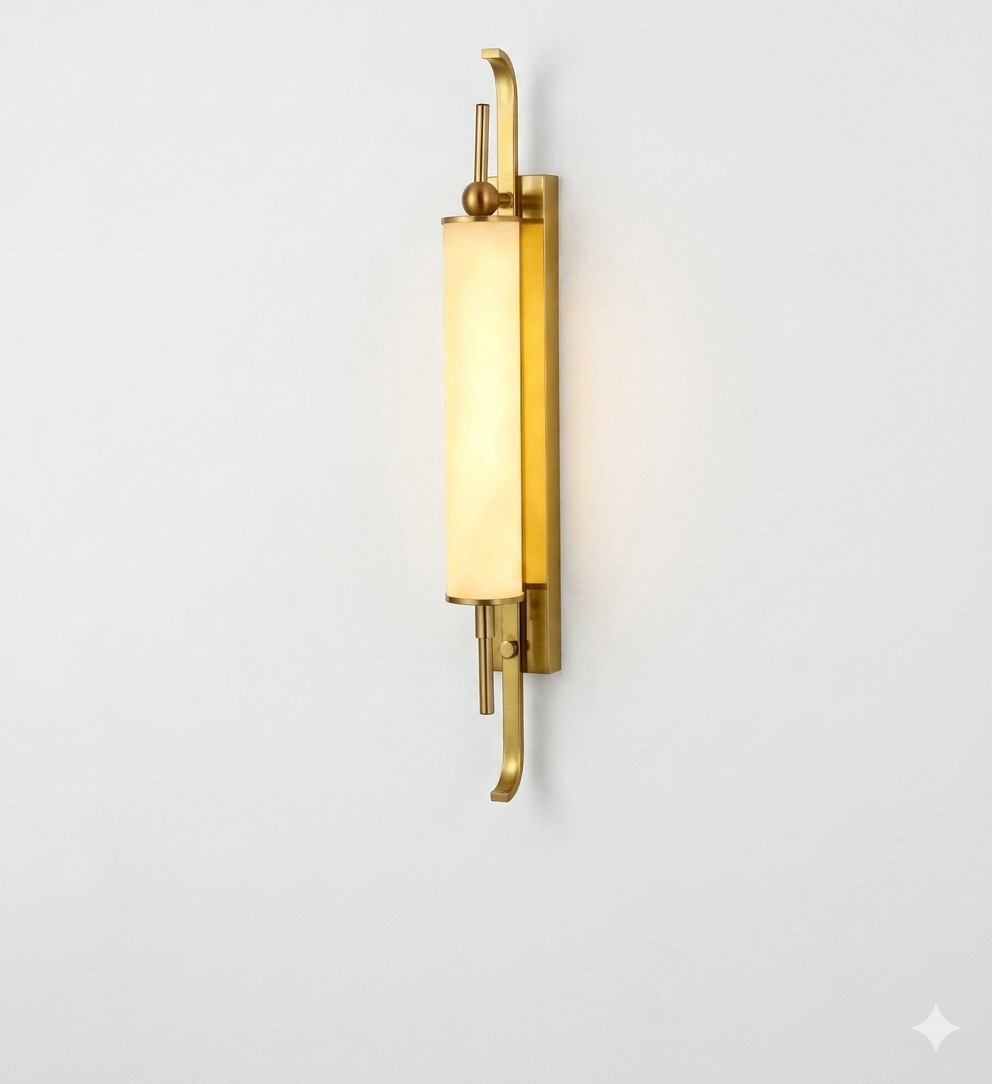 Celestial Glow | 60cm Gold Brass & Marble-Effect Fiber Wall Sconce