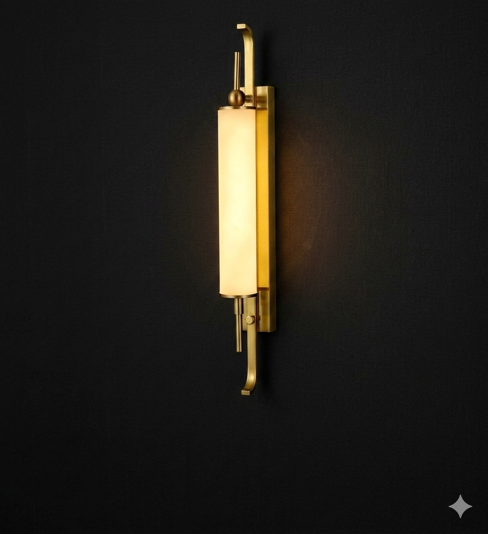 Celestial Glow | 60cm Gold Brass & Marble-Effect Fiber Wall Sconce