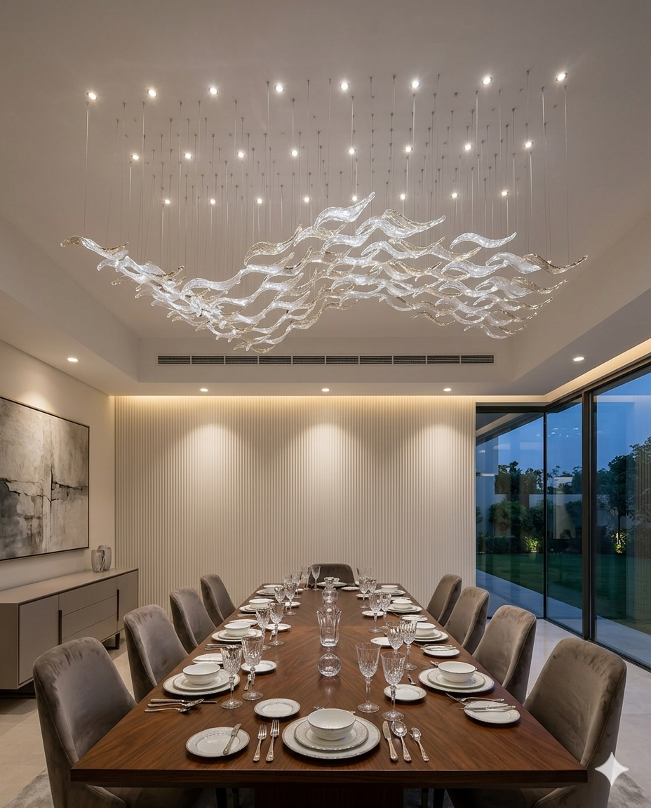Modern Wave Crystal Chandelier LED – Custom Single Drop Ceiling Light (Clear & Amber Crystal Options)