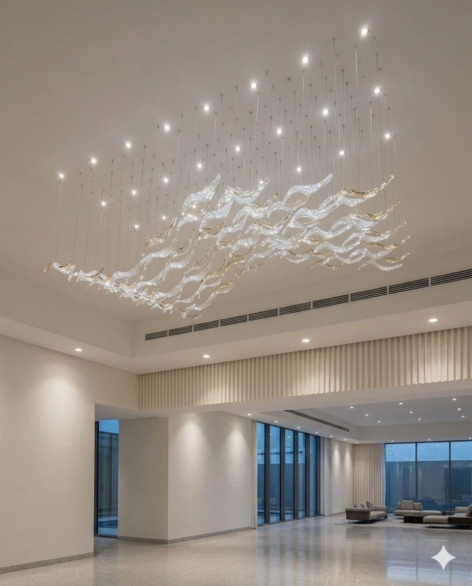 Modern Wave Crystal Chandelier LED – Custom Single Drop Ceiling Light (Clear & Amber Crystal Options)