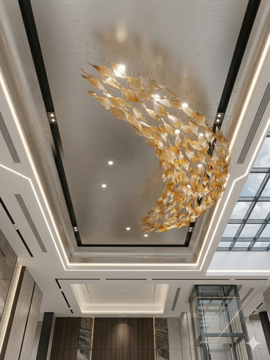 Custom Golden Amber Crystal Leaf Drop Chandelier – Large Modern Cascade, 1.5M