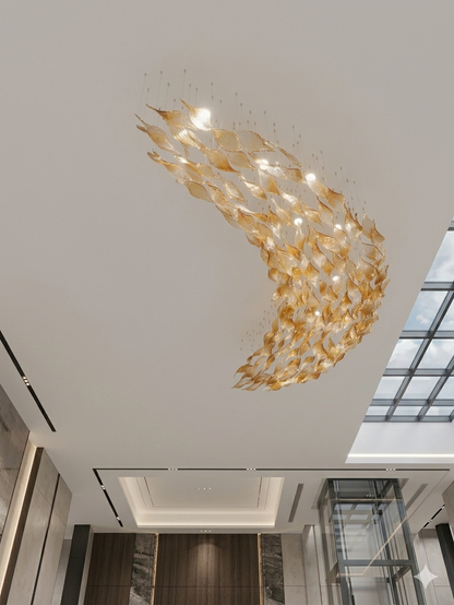 Custom Golden Amber Crystal Leaf Drop Chandelier – Large Modern Cascade, 1.5M