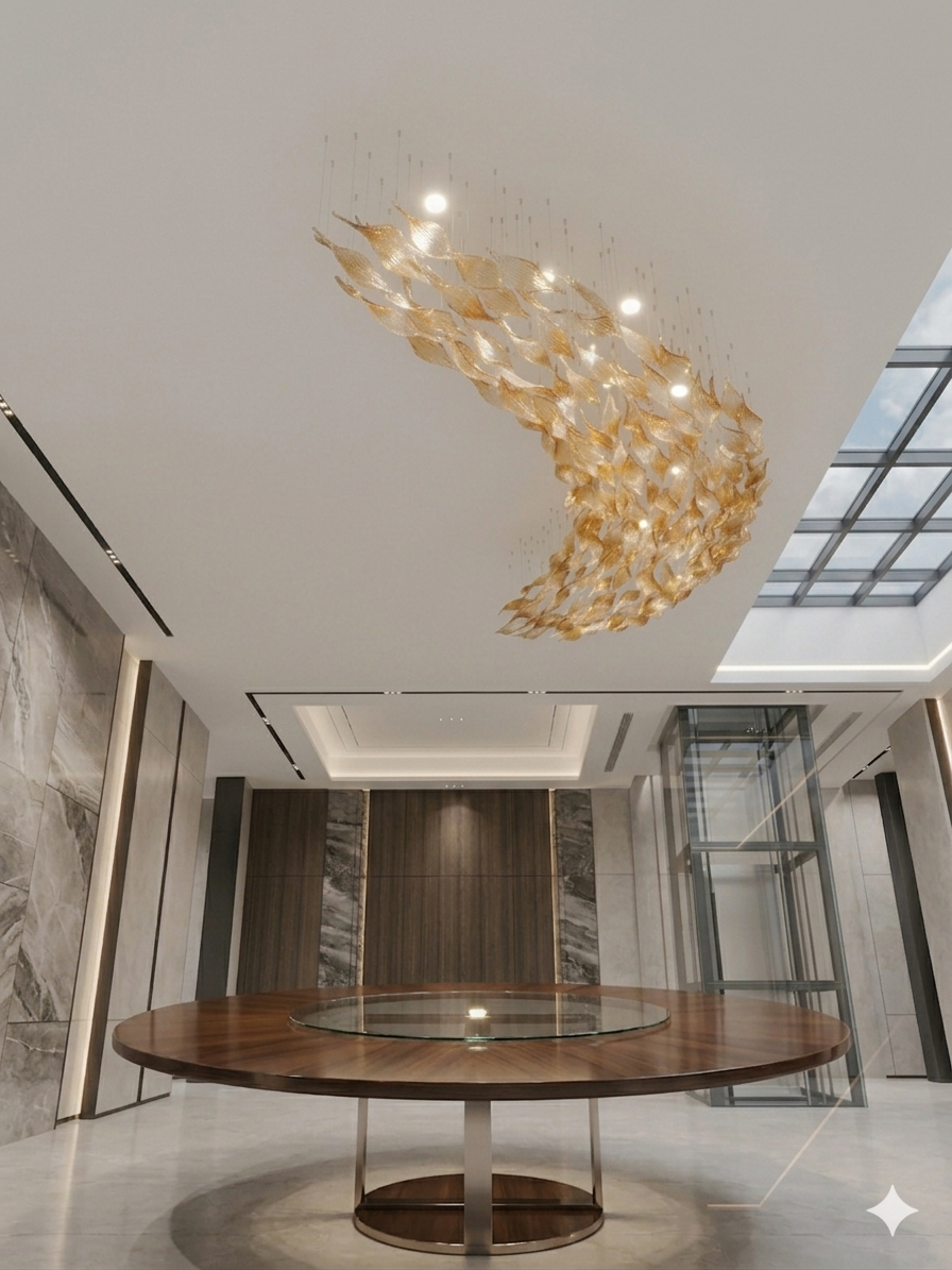 Custom Golden Amber Crystal Leaf Drop Chandelier – Large Modern Cascade, 1.5M