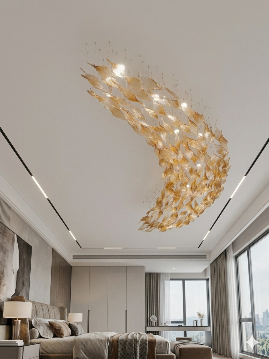 Custom Golden Amber Crystal Leaf Drop Chandelier – Large Modern Cascade, 1.5M