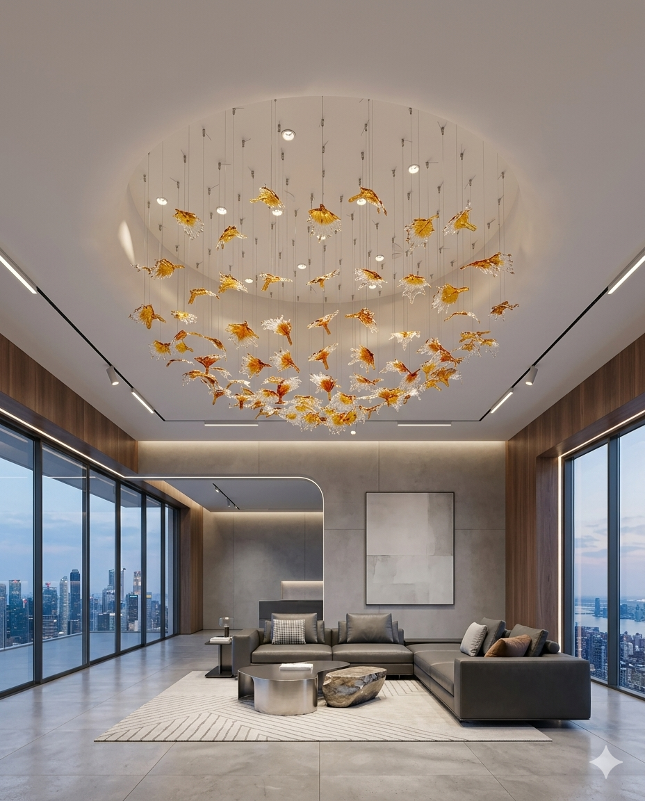 Custom Hand-Blown Orange Glass Leaf Round Chandelier (1M Diameter)