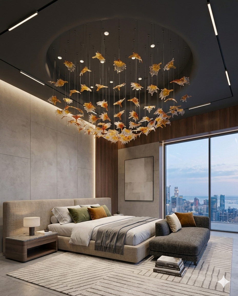 Custom Hand-Blown Orange Glass Leaf Round Chandelier (1M Diameter)