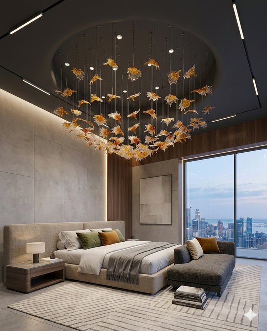 Custom Hand-Blown Orange Glass Leaf Round Chandelier (1M Diameter)