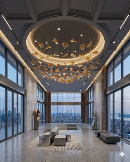 Custom Hand-Blown Orange Glass Leaf Round Chandelier (1M Diameter)