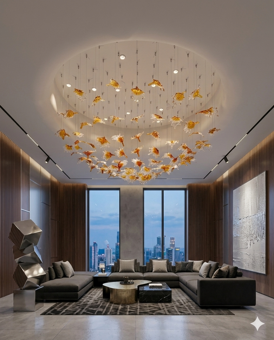 Custom Hand-Blown Orange Glass Leaf Round Chandelier (1M Diameter)