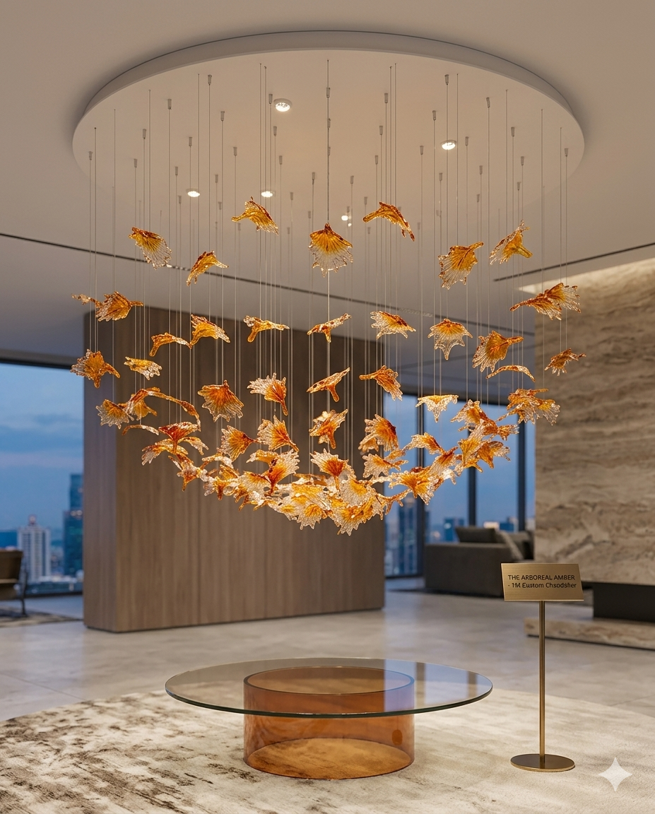 Custom Hand-Blown Orange Glass Leaf Round Chandelier (1M Diameter)
