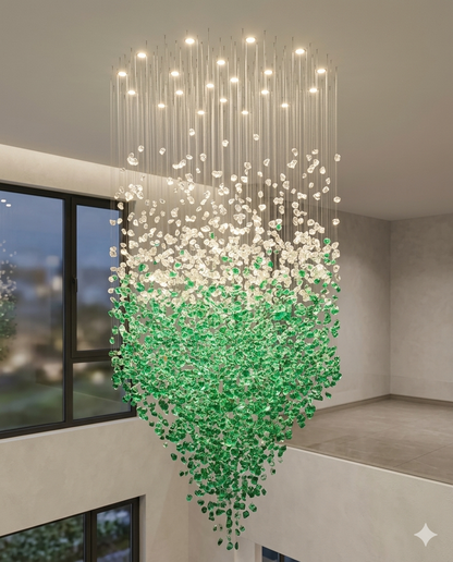 Custom High-Ceiling Raindrop Crystal Chandelier in Forest Green and White