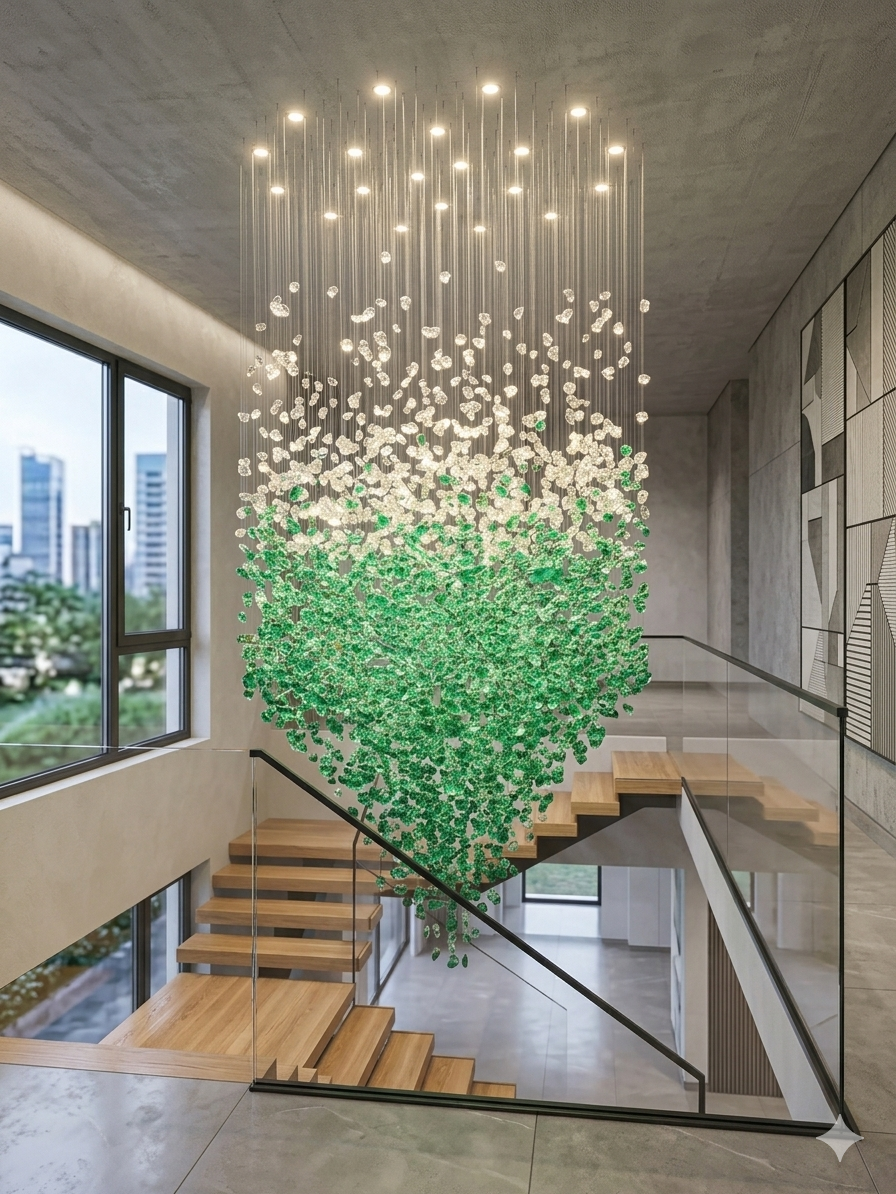 Custom High-Ceiling Raindrop Crystal Chandelier in Forest Green and White