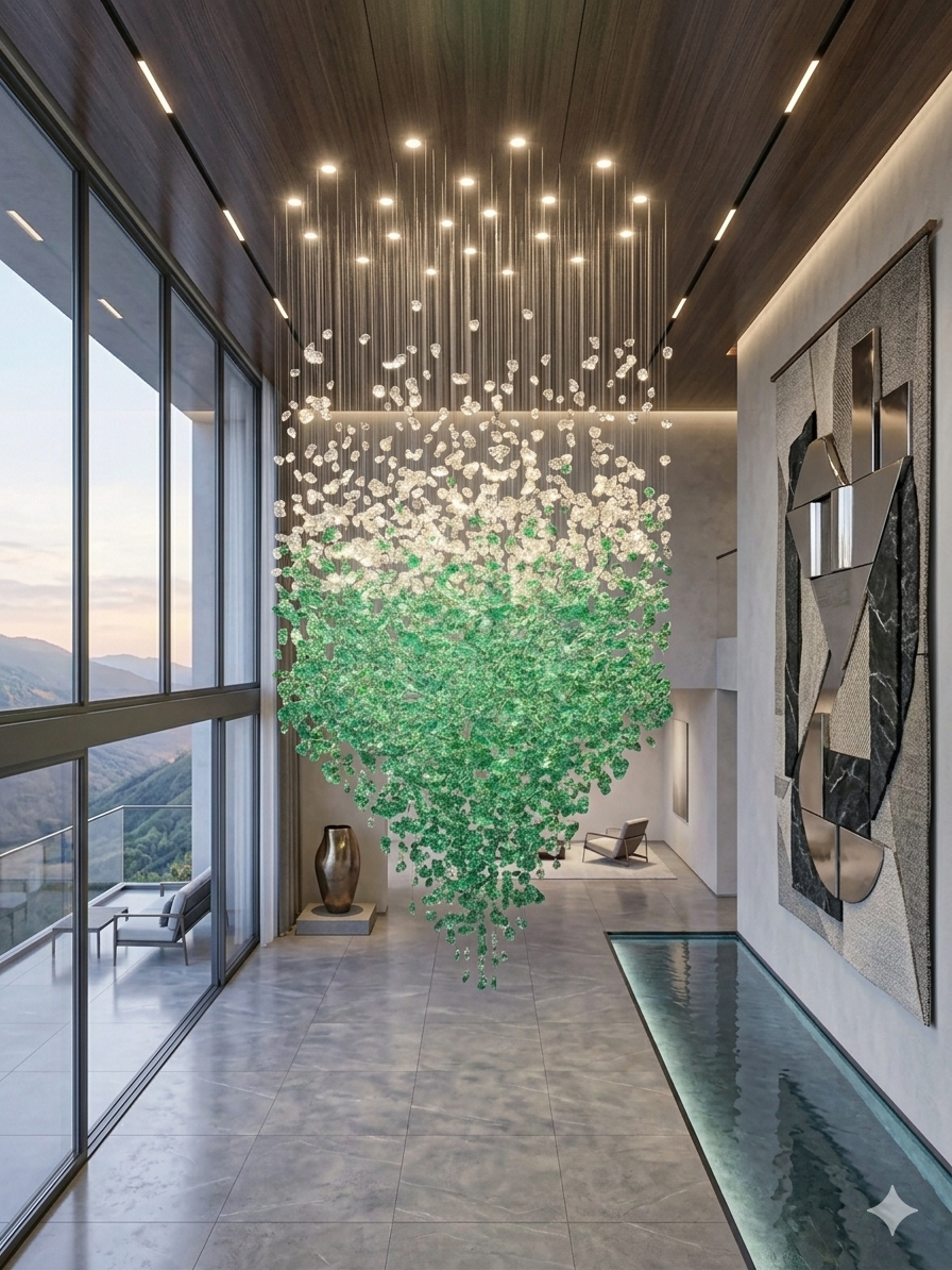 Custom High-Ceiling Raindrop Crystal Chandelier in Forest Green and White