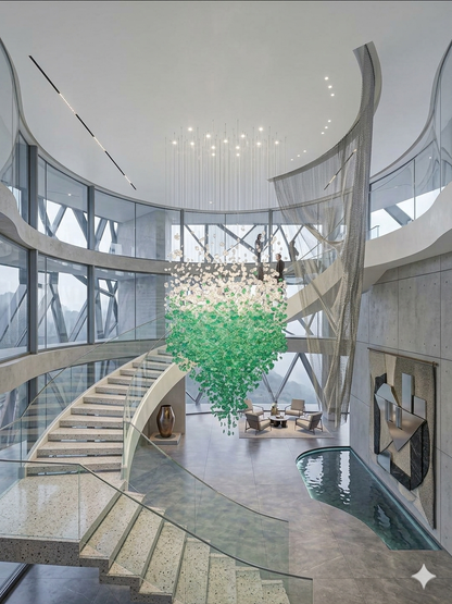 Custom High-Ceiling Raindrop Crystal Chandelier in Forest Green and White