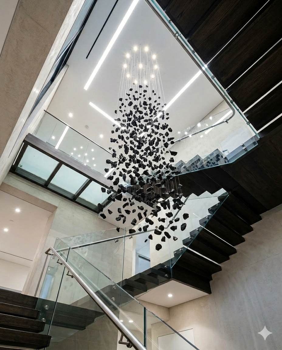 Luxury Black Crystal Spiral Chandelier – Custom Modern High Ceiling Staircase Hanging Light