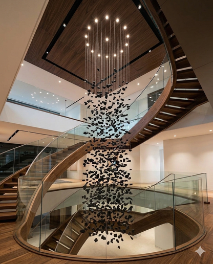 Luxury Black Crystal Spiral Chandelier – Custom Modern High Ceiling Staircase Hanging Light
