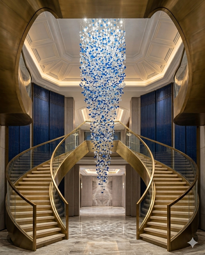 Luxury Blue & White Crystal Spiral Chandelier – Custom Modern High Ceiling Staircase Hanging Light
