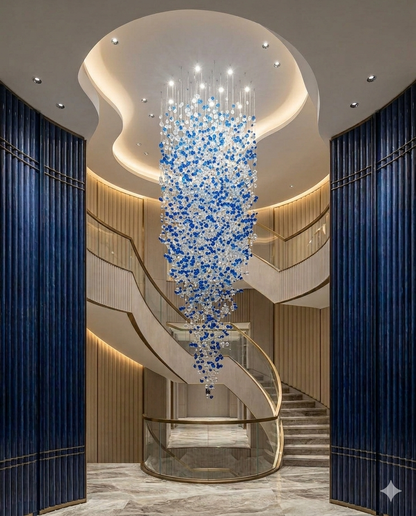 Luxury Blue & White Crystal Spiral Chandelier – Custom Modern High Ceiling Staircase Hanging Light